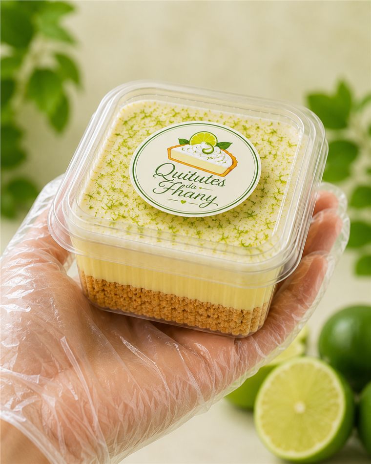 Embalagem de torta de limão Quitutes da Fhany com rótulo aplicado