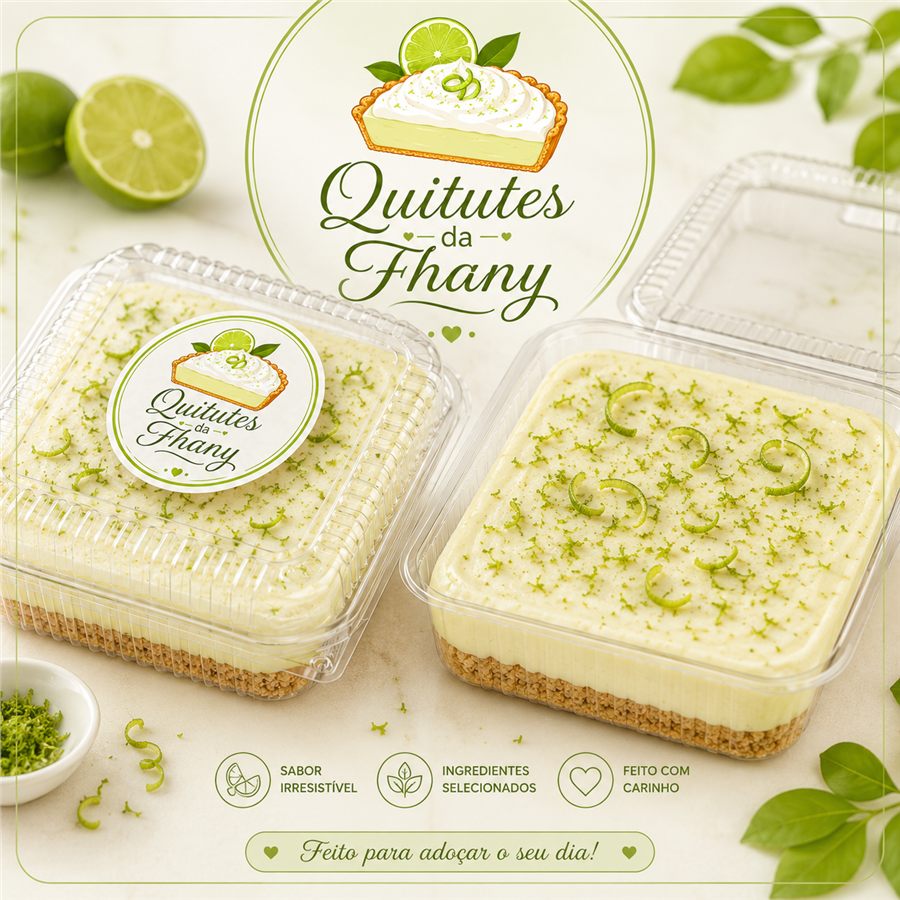 Composição visual Quitutes da Fhany com embalagens de torta de limão